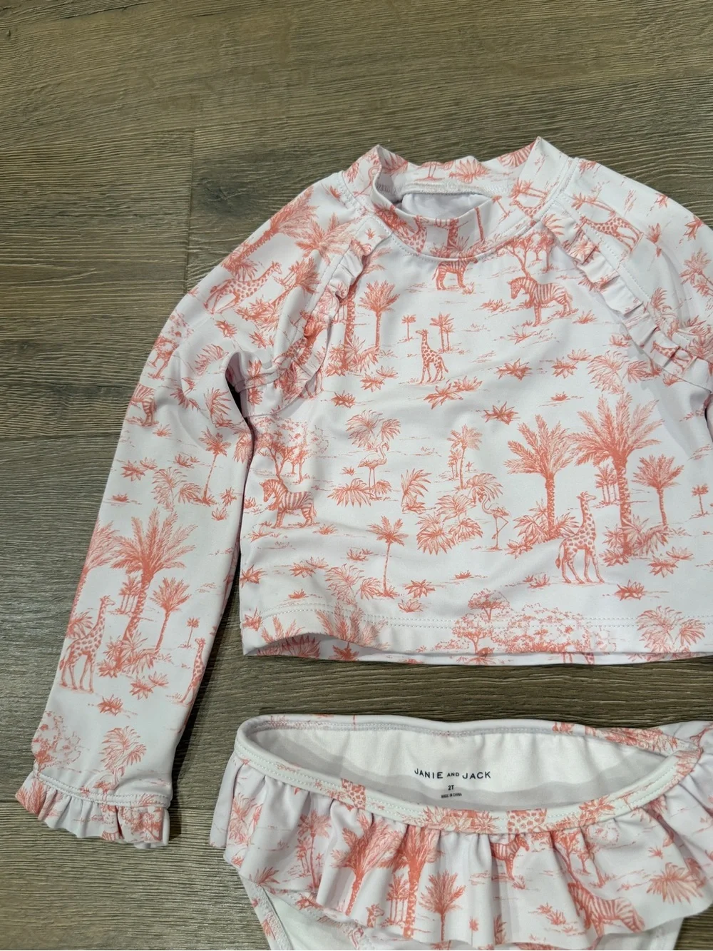 Janie & Jack Rashguard Shirt & Bottoms Ruffle Swimsuit Safari Animals Pink White
